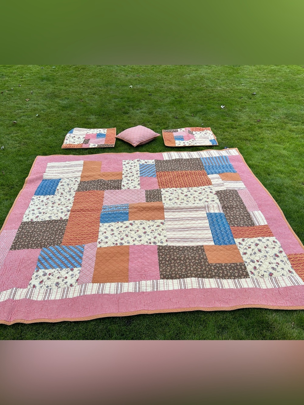 Patchwork Quilted Throw in Pink, Blue, Brown & Cream